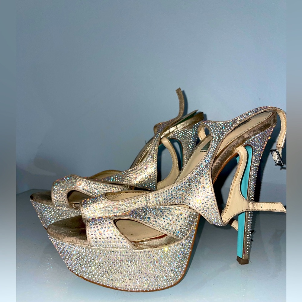 Beautiful Crystal Gem Stone Bedazzled Betsey Johnson Platform Heels Shoes